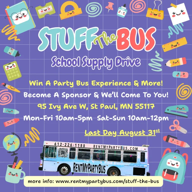 Stuff the Bus School Supply Drive, party bus rental in Minneapolis and St Paul MN