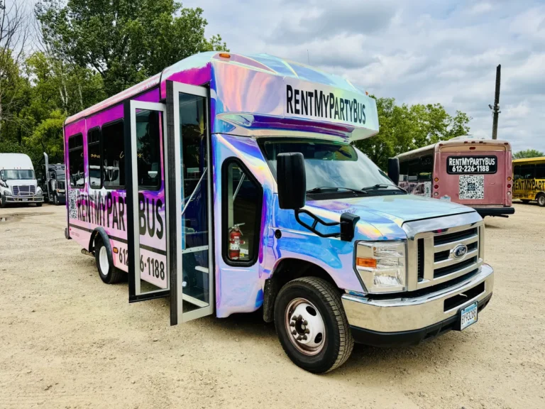 The Mini Unicorn party bus with doors open — 15-passenger unicorn party bus rental in Minneapolis MN