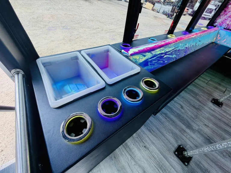 Light-up bar top with twin coolers and neon cup holders inside The Mini Unicorn