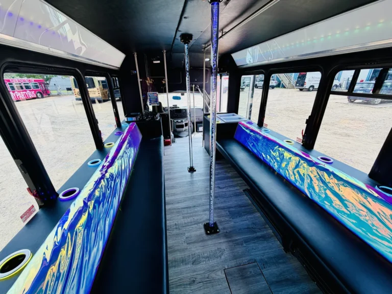 Colorful cabin of The Mini Unicorn with unicorn-print seats and spinning dance poles