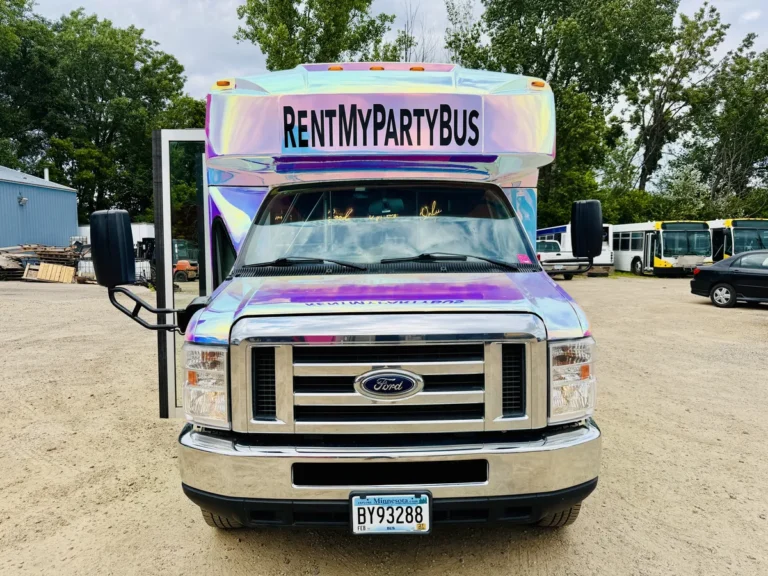 Front of The Mini Unicorn party bus with holographic cab and Rent My Party Bus marquee