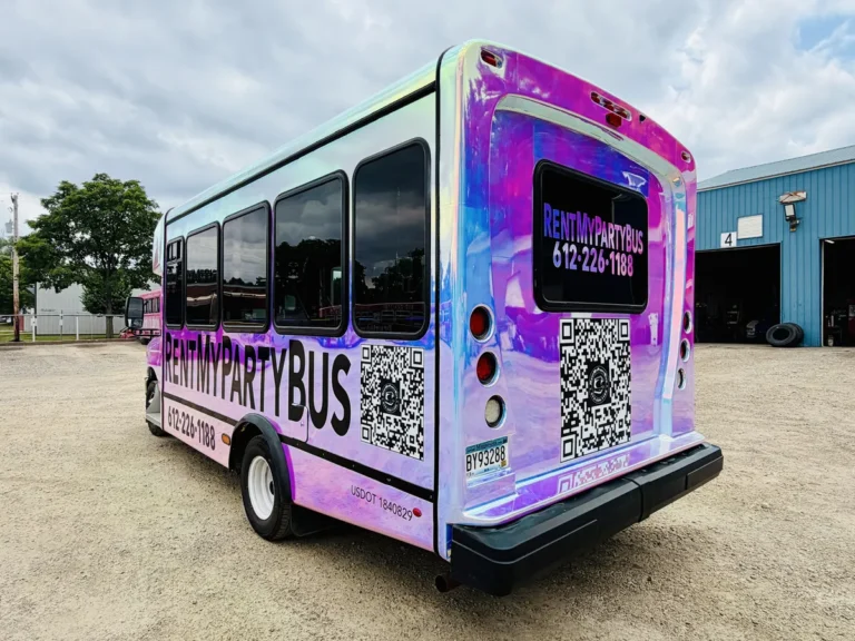 Passenger side of The Mini Unicorn party bus, a 15-seat bachelorette party favorite