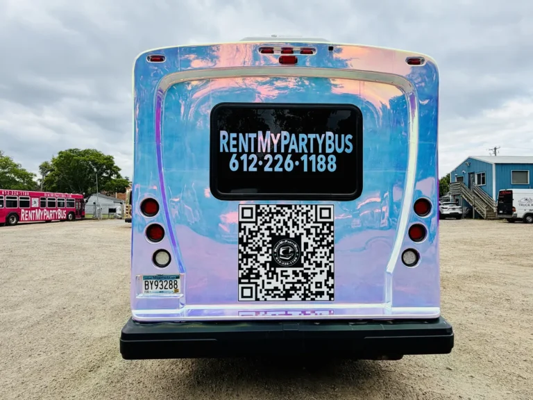 Rear of The Mini Unicorn party bus showing the booking QR code and 612-226-1188 phone number