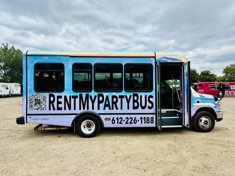 Side profile of The Mini Unicorn party bus with holographic unicorn wrap and Rent My Party Bus lettering